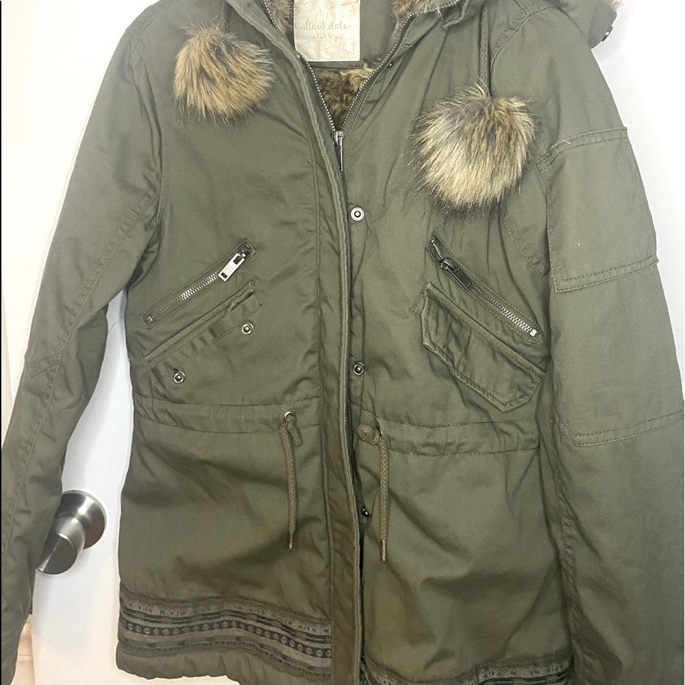 Altar’s State army green with Aztec design fur lined jacket